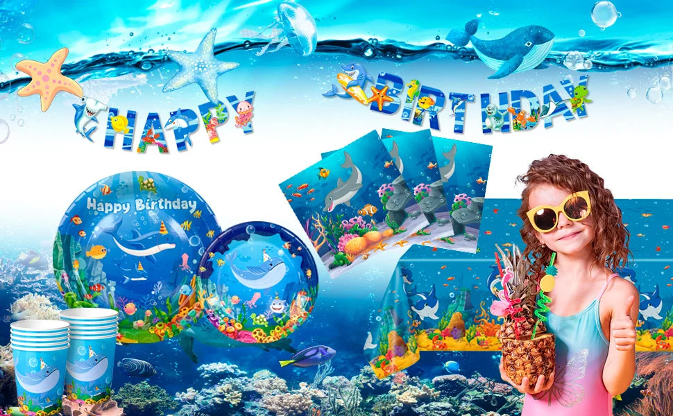Under The Sea Party Supplies-98pcs Ocean Sea Party Tablewear Set-Marine Life Party Plates Cups Napkins Tablecloth Banner etc