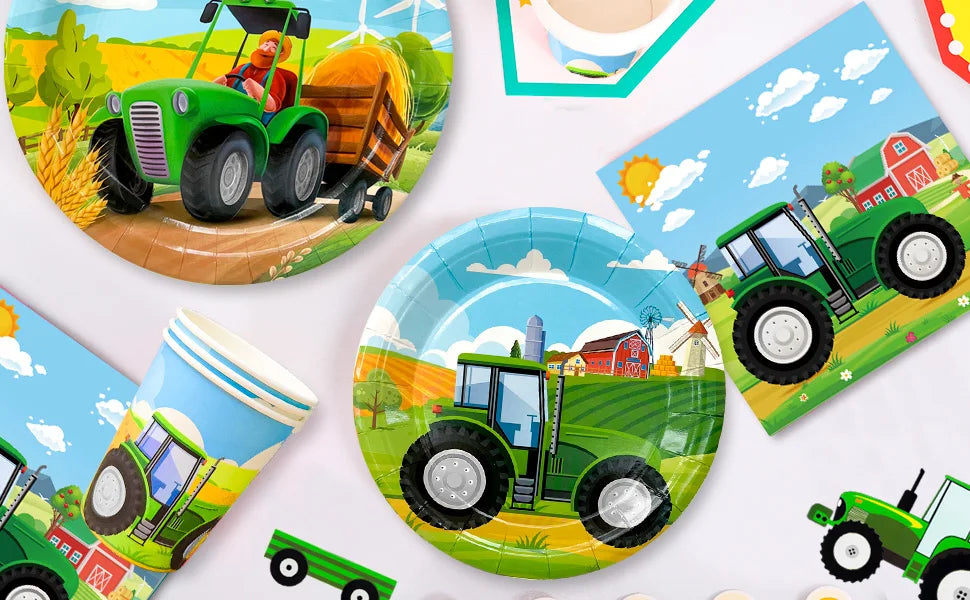 Tractor Birthday Party Supplies,66 pcs Decorations Tableware Pack-Tractor Plates and Napkins Cups Tablecloth&Banner etc