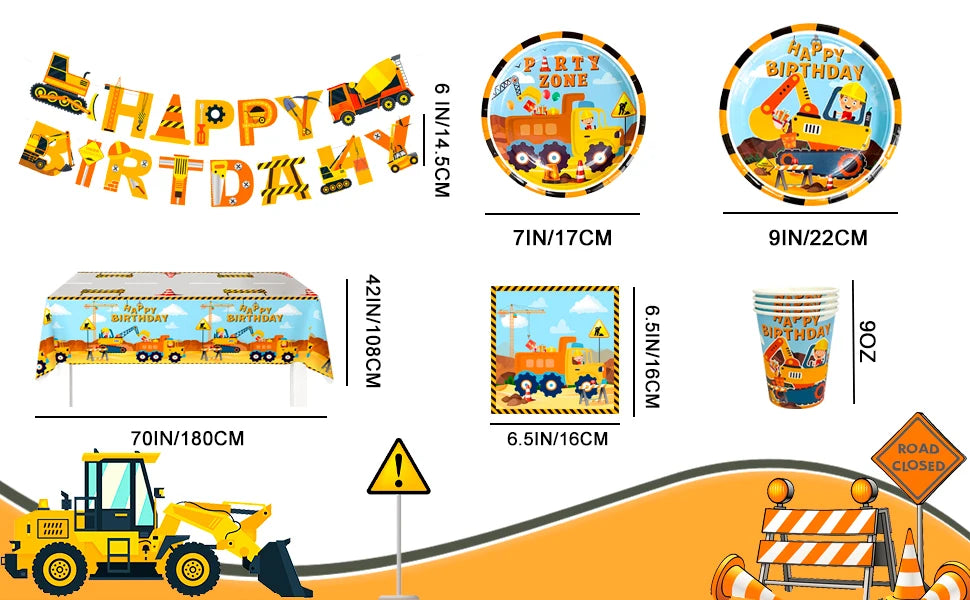 66pcs Construction Party Supplies Tableware Set-Construction Birthday Party Plates Cups Napkins Tablecloth Banner etc