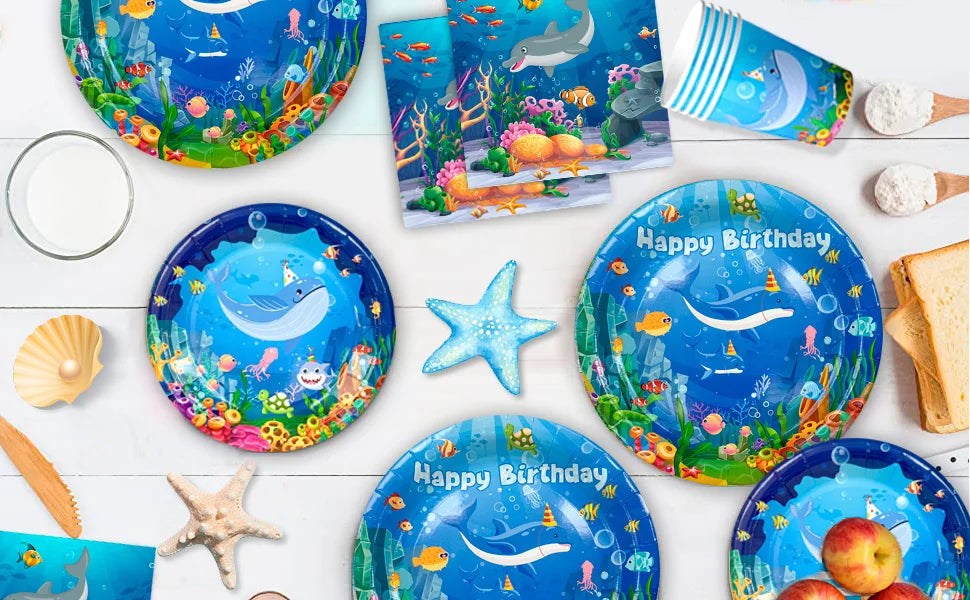 Under The Sea Party Supplies-98pcs Ocean Sea Party Tablewear Set-Marine Life Party Plates Cups Napkins Tablecloth Banner etc
