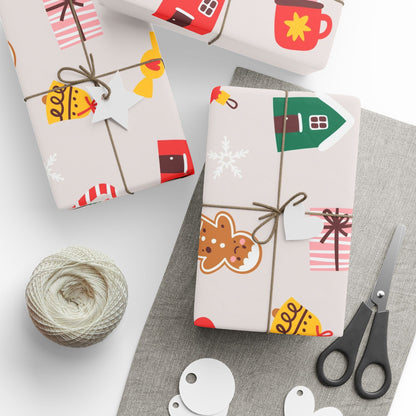 Scandinavian Christmas Pattern Wrapping Paper | Holiday Houses, Trees, Candy Canes