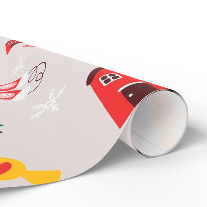 Scandinavian Christmas Pattern Wrapping Paper | Holiday Houses, Trees, Candy Canes