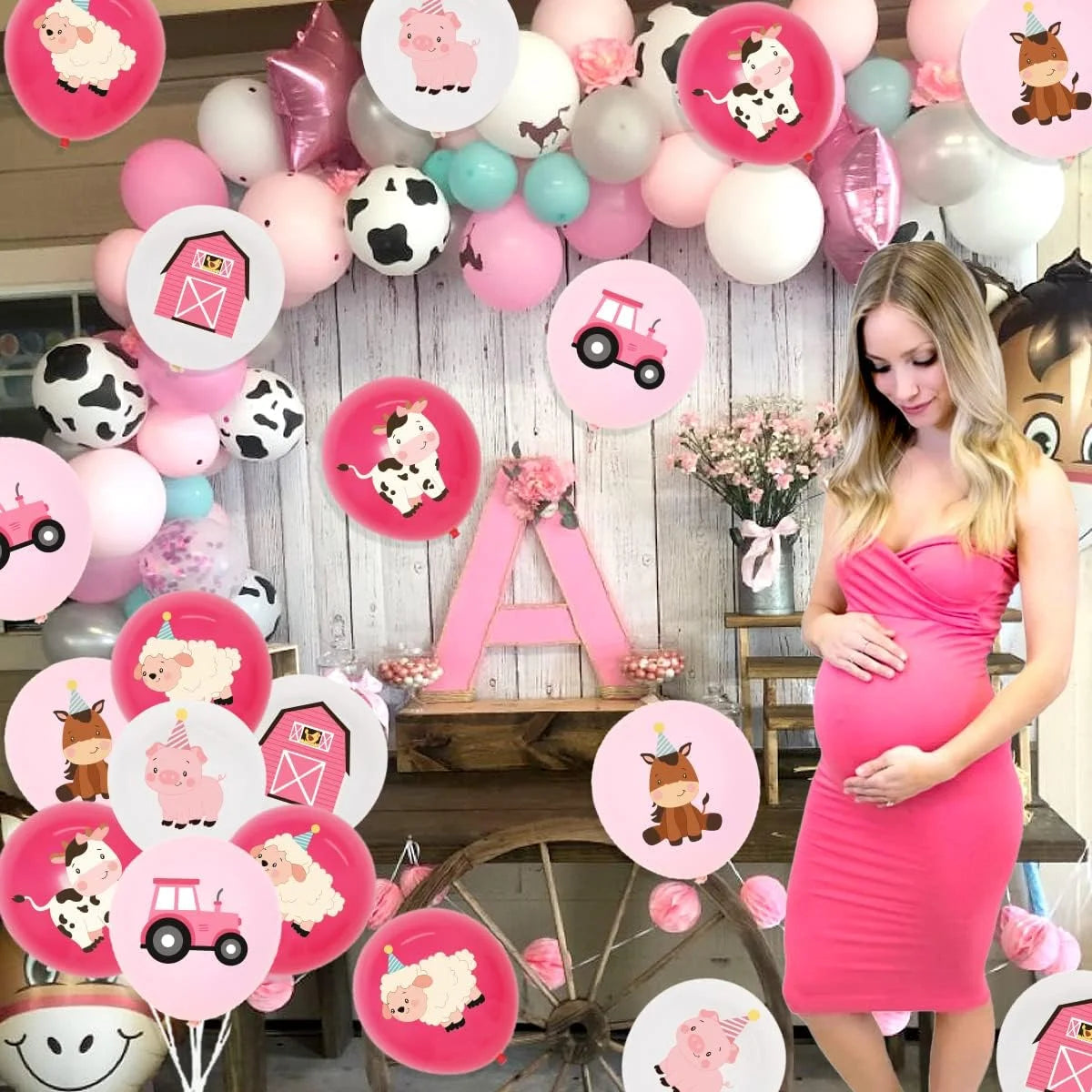 36Pcs Pink Farm Animal Balloons Girls, 12 Inch Cow Sheep House Pig Car Donkey Latex Balloons Farm Animal Birthday Party Supplies Pink Farmhouse Baby Shower Decorations for Kids Barnyard Themed Party