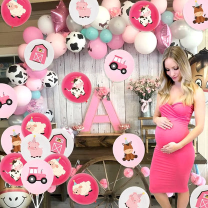 36Pcs Pink Farm Animal Balloons Girls, 12 Inch Cow Sheep House Pig Car Donkey Latex Balloons Farm Animal Birthday Party Supplies Pink Farmhouse Baby Shower Decorations for Kids Barnyard Themed Party