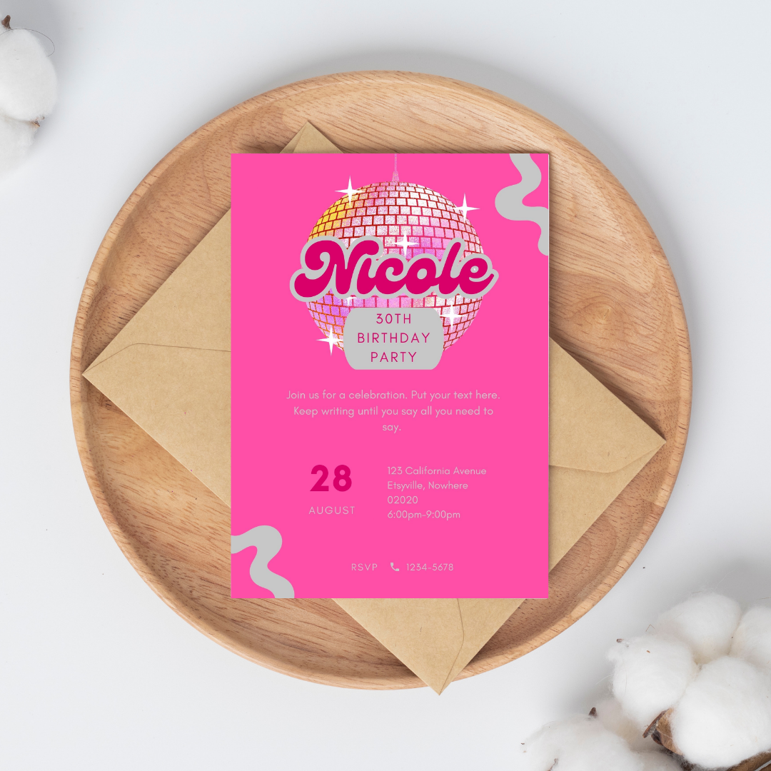 Pink Disco Party Invitation – Editable Canva Template – Retro Disco Ball Birthday Invite – Instant Download – Groovy 70s Party Printable