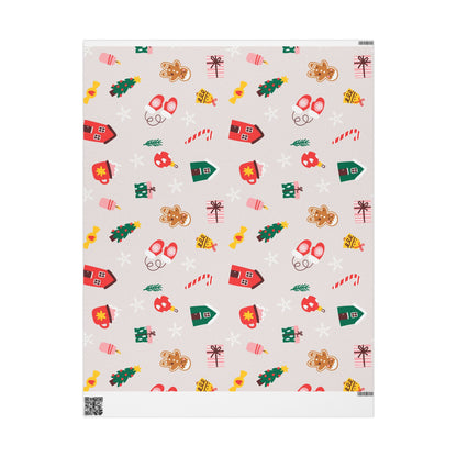 Scandinavian Christmas Pattern Wrapping Paper | Holiday Houses, Trees, Candy Canes