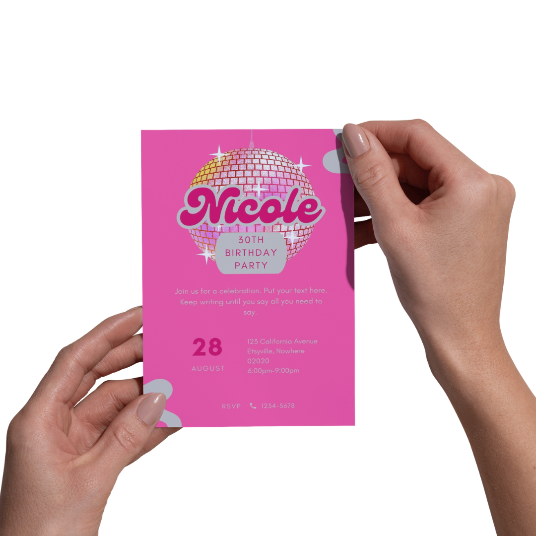 Pink Disco Party Invitation – Editable Canva Template – Retro Disco Ball Birthday Invite – Instant Download – Groovy 70s Party Printable