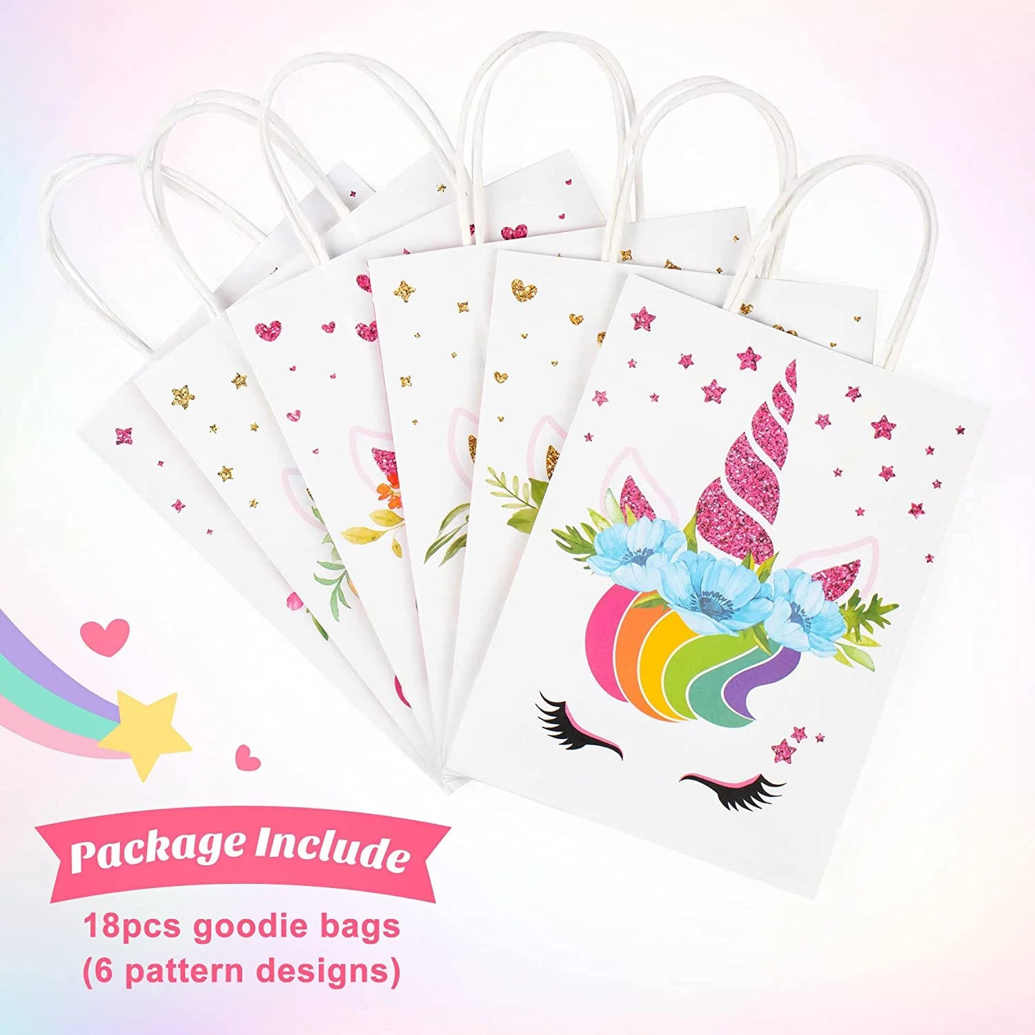 18 PCS Party Favor Bags for Girls Birthday Party Supplies, Reusable Paper Gift Bags for Kids, Goodie Candy Treat Bags with Handles for Unisex Birthday Baby Shower Decorations