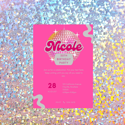 Pink Disco Party Invitation – Editable Canva Template – Retro Disco Ball Birthday Invite – Instant Download – Groovy 70s Party Printable