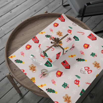 Scandinavian Christmas Pattern Wrapping Paper | Holiday Houses, Trees, Candy Canes
