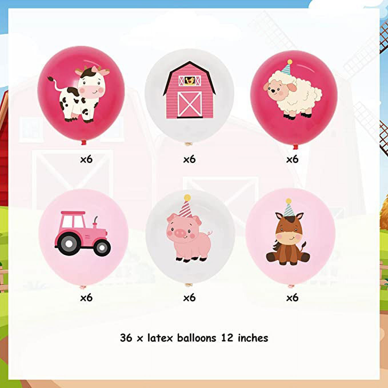 36Pcs Pink Farm Animal Balloons Girls, 12 Inch Cow Sheep House Pig Car Donkey Latex Balloons Farm Animal Birthday Party Supplies Pink Farmhouse Baby Shower Decorations for Kids Barnyard Themed Party