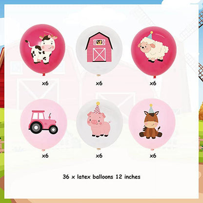 36Pcs Pink Farm Animal Balloons Girls, 12 Inch Cow Sheep House Pig Car Donkey Latex Balloons Farm Animal Birthday Party Supplies Pink Farmhouse Baby Shower Decorations for Kids Barnyard Themed Party