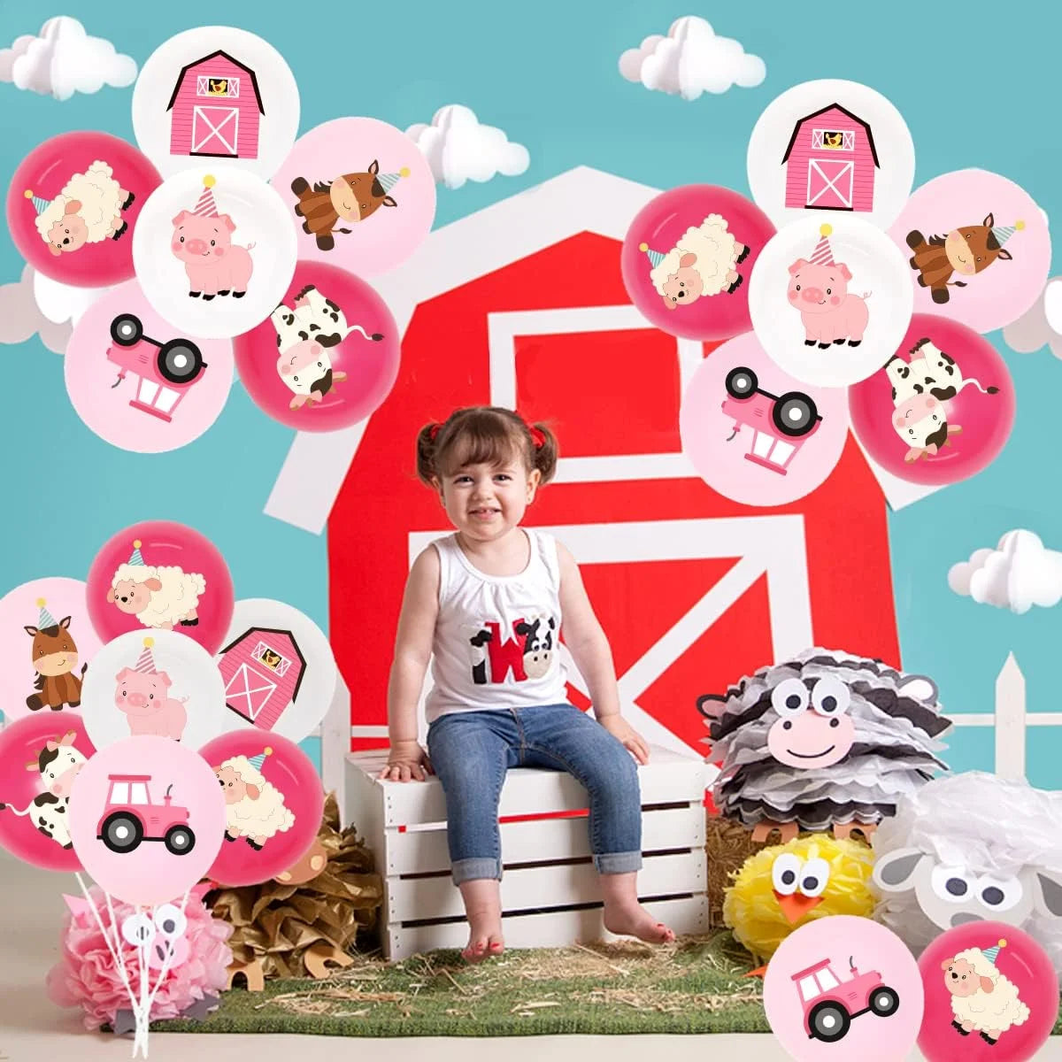 36Pcs Pink Farm Animal Balloons Girls, 12 Inch Cow Sheep House Pig Car Donkey Latex Balloons Farm Animal Birthday Party Supplies Pink Farmhouse Baby Shower Decorations for Kids Barnyard Themed Party