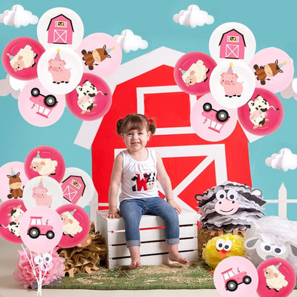 36Pcs Pink Farm Animal Balloons Girls, 12 Inch Cow Sheep House Pig Car Donkey Latex Balloons Farm Animal Birthday Party Supplies Pink Farmhouse Baby Shower Decorations for Kids Barnyard Themed Party