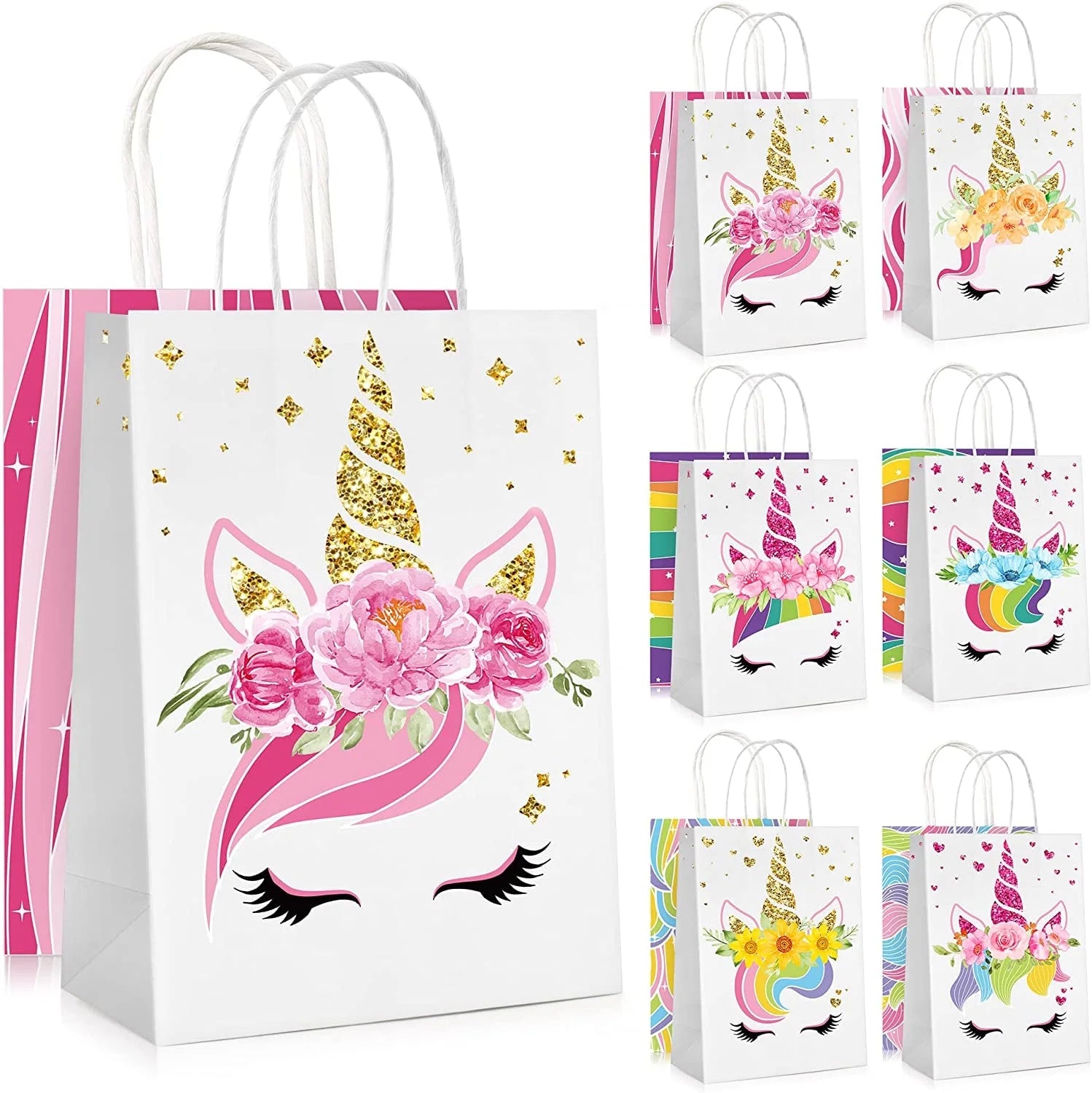 18 PCS Party Favor Bags for Girls Birthday Party Supplies, Reusable Paper Gift Bags for Kids, Goodie Candy Treat Bags with Handles for Unisex Birthday Baby Shower Decorations