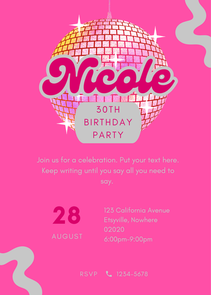 Pink Disco Party Invitation – Editable Canva Template – Retro Disco Ball Birthday Invite – Instant Download – Groovy 70s Party Printable