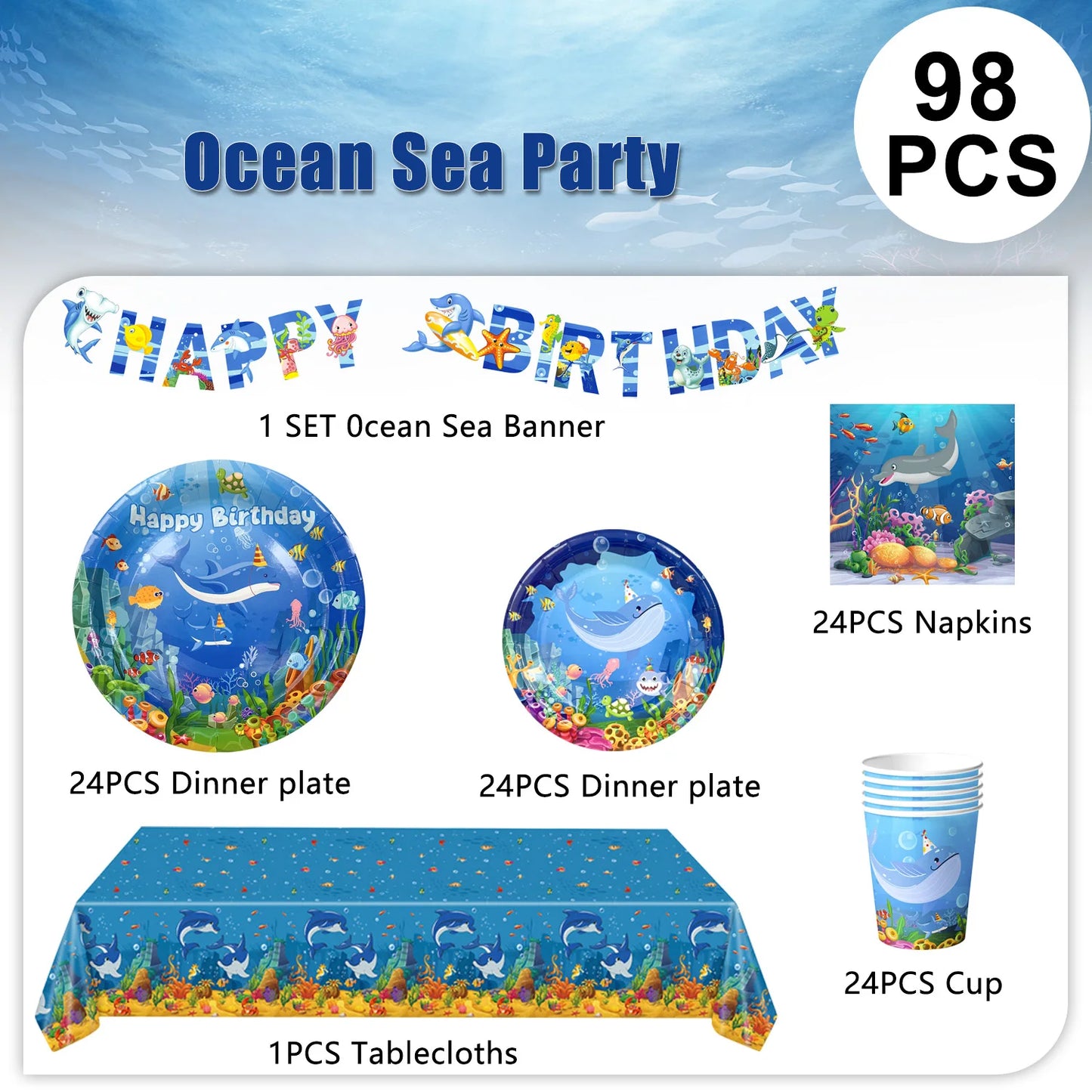 Under The Sea Party Supplies-98pcs Ocean Sea Party Tablewear Set-Marine Life Party Plates Cups Napkins Tablecloth Banner etc