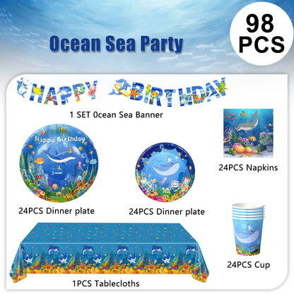 Under The Sea Party Supplies-98pcs Ocean Sea Party Tablewear Set-Marine Life Party Plates Cups Napkins Tablecloth Banner etc