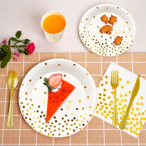 White and Gold Party Supplies, 129 Pcs Gold Paper Plates and Napkins Party Supplies Set - White and Gold Party Paper Plates