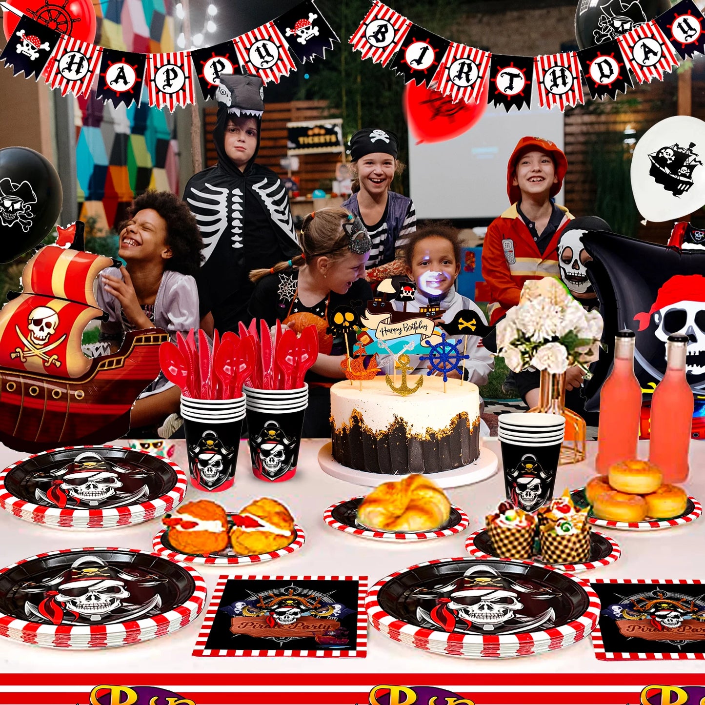 Pirate Birthday Party Supplies,161pcs Party Decorations&Tableware Set-Pirate Haging Swirln&Pirate Plates Cups Napkins etc