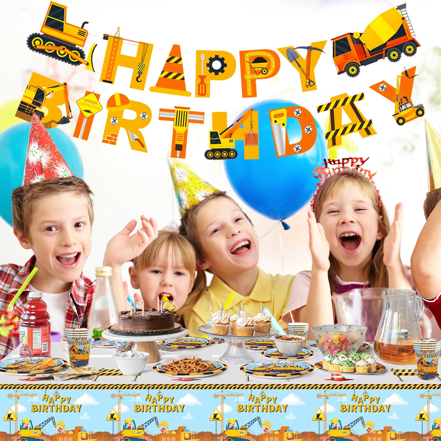 66pcs Construction Party Supplies Tableware Set-Construction Birthday Party Plates Cups Napkins Tablecloth Banner etc