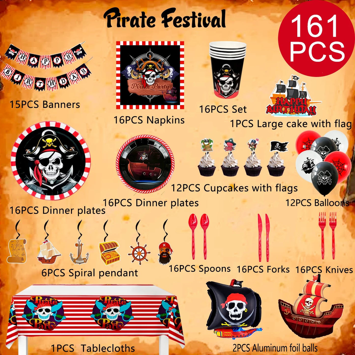 Pirate Birthday Party Supplies,161pcs Party Decorations&Tableware Set-Pirate Haging Swirln&Pirate Plates Cups Napkins etc