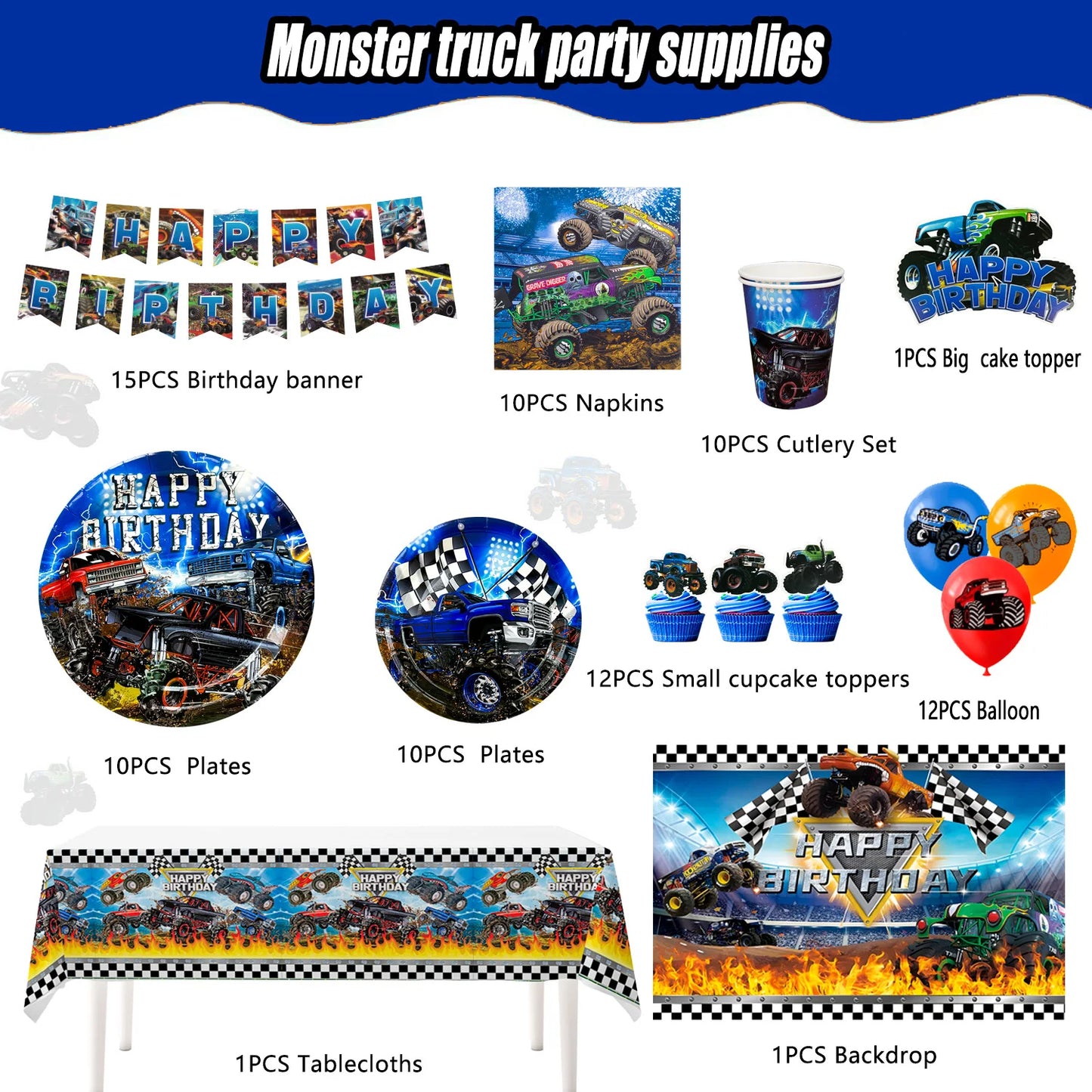 Monster Truck Birthday Party Supplies,72pcs Birthday Decorations&Tableware Kit-Monster Truck Plates and Napkins Banner Backdrop