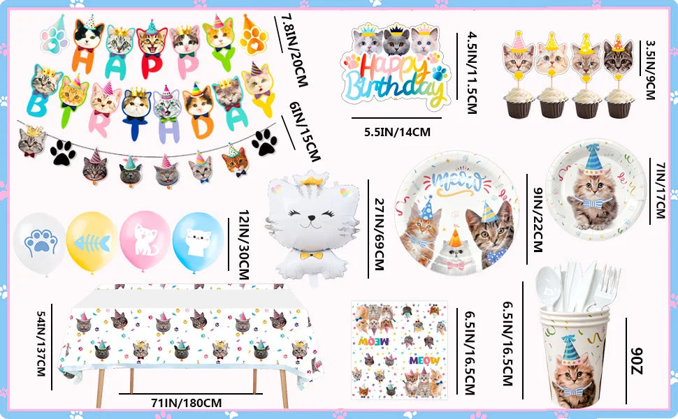 Cat Birthday Party Supplies,93pcs Birthday Decorations