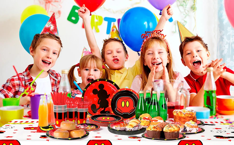 Cartoon Birthday Party Supplies,141pcs Cartoon Birthday Tableware Set - Cartoon Plates Napkins Cups and Mickey Themed Tablecloth
