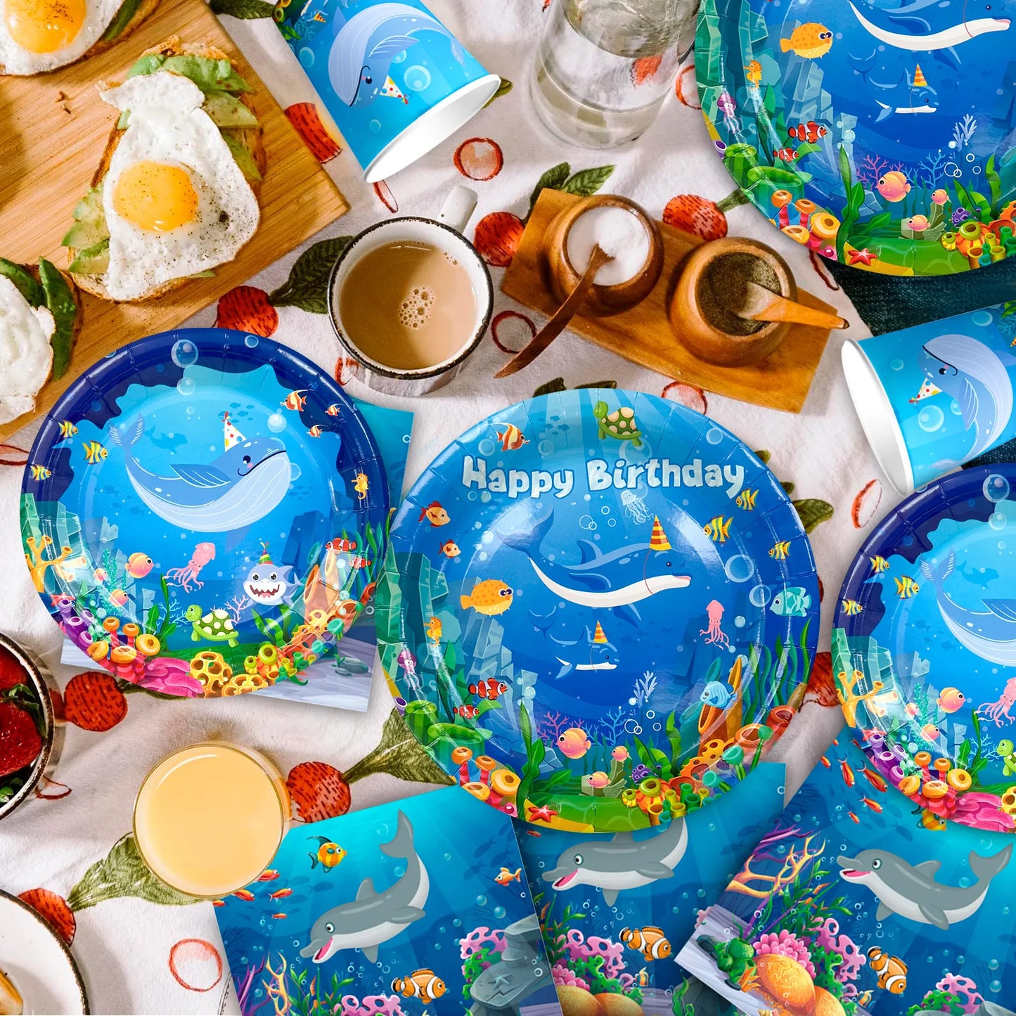 Under The Sea Party Supplies-98pcs Ocean Sea Party Tablewear Set-Marine Life Party Plates Cups Napkins Tablecloth Banner etc