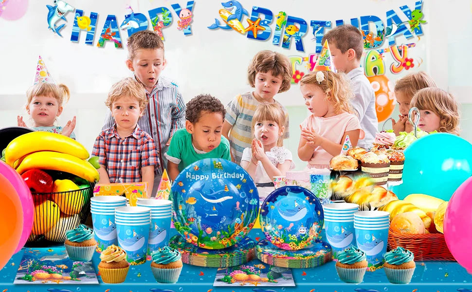 Under The Sea Party Supplies-98pcs Ocean Sea Party Tablewear Set-Marine Life Party Plates Cups Napkins Tablecloth Banner etc