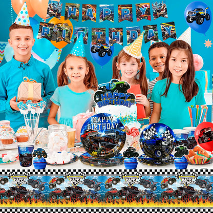 Monster Truck Birthday Party Supplies,72pcs Birthday Decorations&Tableware Kit-Monster Truck Plates and Napkins Banner Backdrop