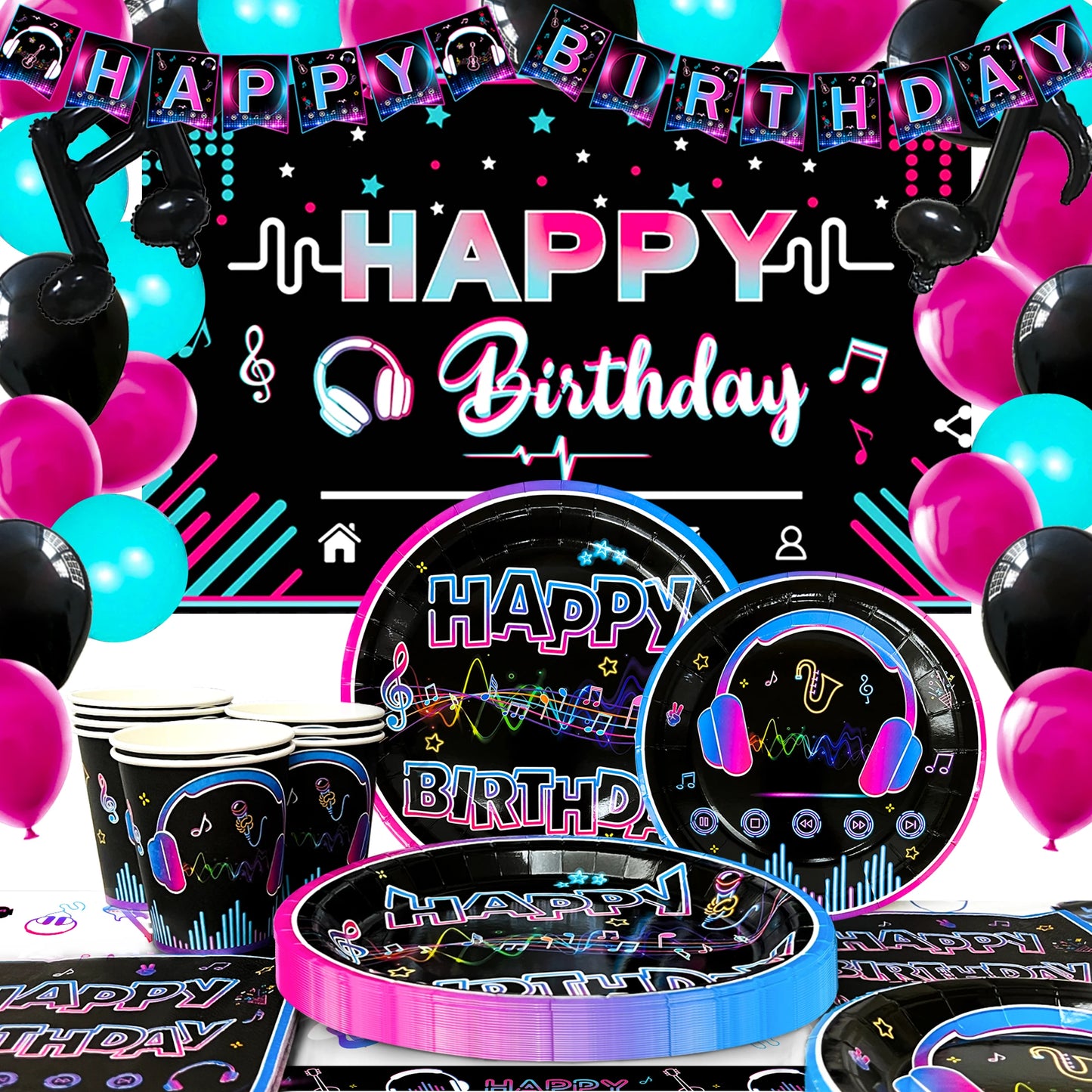 Tik Tok Party Supplies,93pcs Birthday Party Decorations&Tik Tok Tableware Set- Plates Cups and Napkins Tablecloth Balloons etc