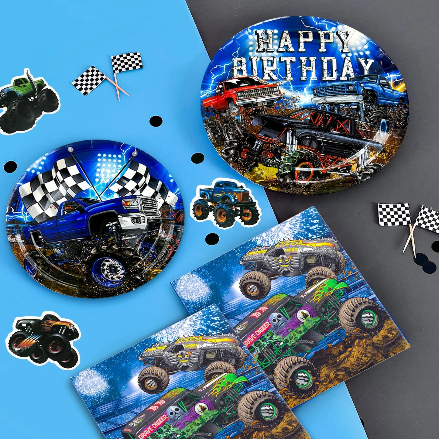 Monster Truck Birthday Party Supplies,72pcs Birthday Decorations&Tableware Kit-Monster Truck Plates and Napkins Banner Backdrop