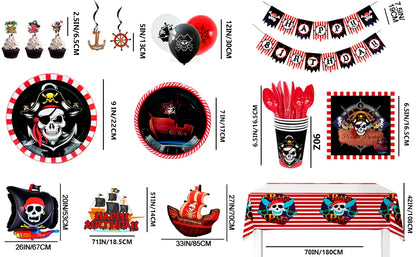 Pirate Birthday Party Supplies,161pcs Party Decorations&Tableware Set-Pirate Haging Swirln&Pirate Plates Cups Napkins etc