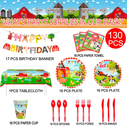Farm House Fun Barnyard Animals Party Supplies,130pcs Theme Birthday Decorations Tableware Set-Plates Cups Napkins Banner etc