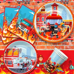 Fire Truck Birthday Party Supplies,70pcs Decorations&Tableware Set-Fire Truck Party Plates Cups Napkins&Themed Balloon Back etc
