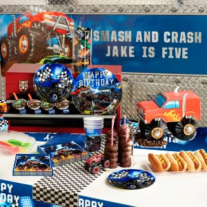 Monster Truck Birthday Party Supplies,72pcs Birthday Decorations&Tableware Kit-Monster Truck Plates and Napkins Banner Backdrop