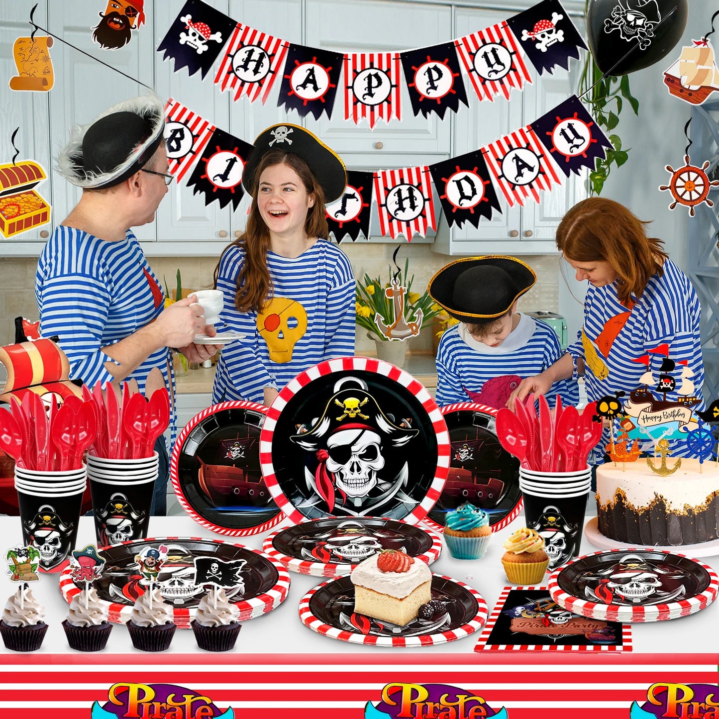Pirate Birthday Party Supplies,161pcs Party Decorations&Tableware Set-Pirate Haging Swirln&Pirate Plates Cups Napkins etc