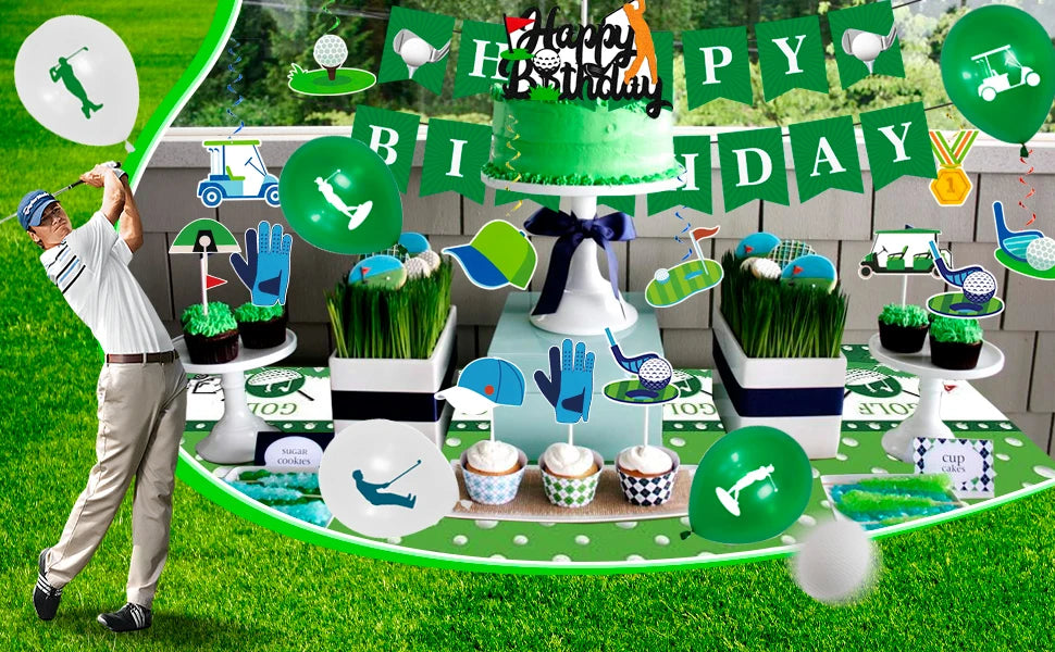 Golf Party Decoration,159PCS Sports Tableware Golf Plates and Napkins  Party Supplies Include Happy Birthday Banner Tablecloth