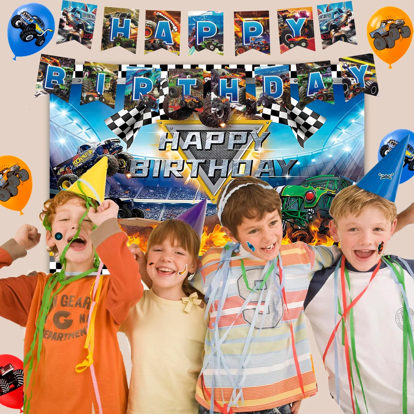 Monster Truck Birthday Party Supplies,72pcs Birthday Decorations&Tableware Kit-Monster Truck Plates and Napkins Banner Backdrop
