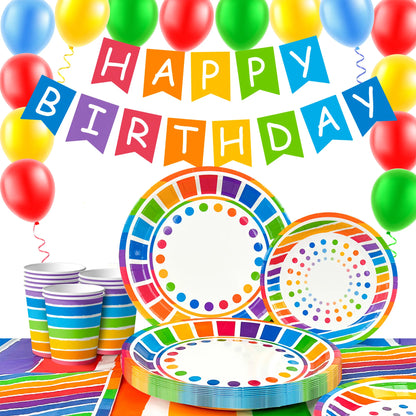 Rainbow Party Supplies,94pcs Party Decorations&Tableware Set-Rainbow Party Plates Napkins Cups & Rainbow Balloons Banner etc