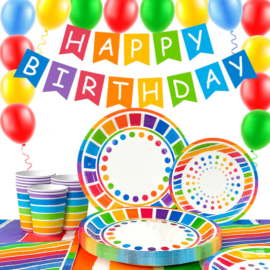 Rainbow Party Supplies,94pcs Party Decorations&Tableware Set-Rainbow Party Plates Napkins Cups & Rainbow Balloons Banner etc