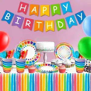 Rainbow Party Supplies,94pcs Party Decorations&Tableware Set-Rainbow Party Plates Napkins Cups & Rainbow Balloons Banner etc