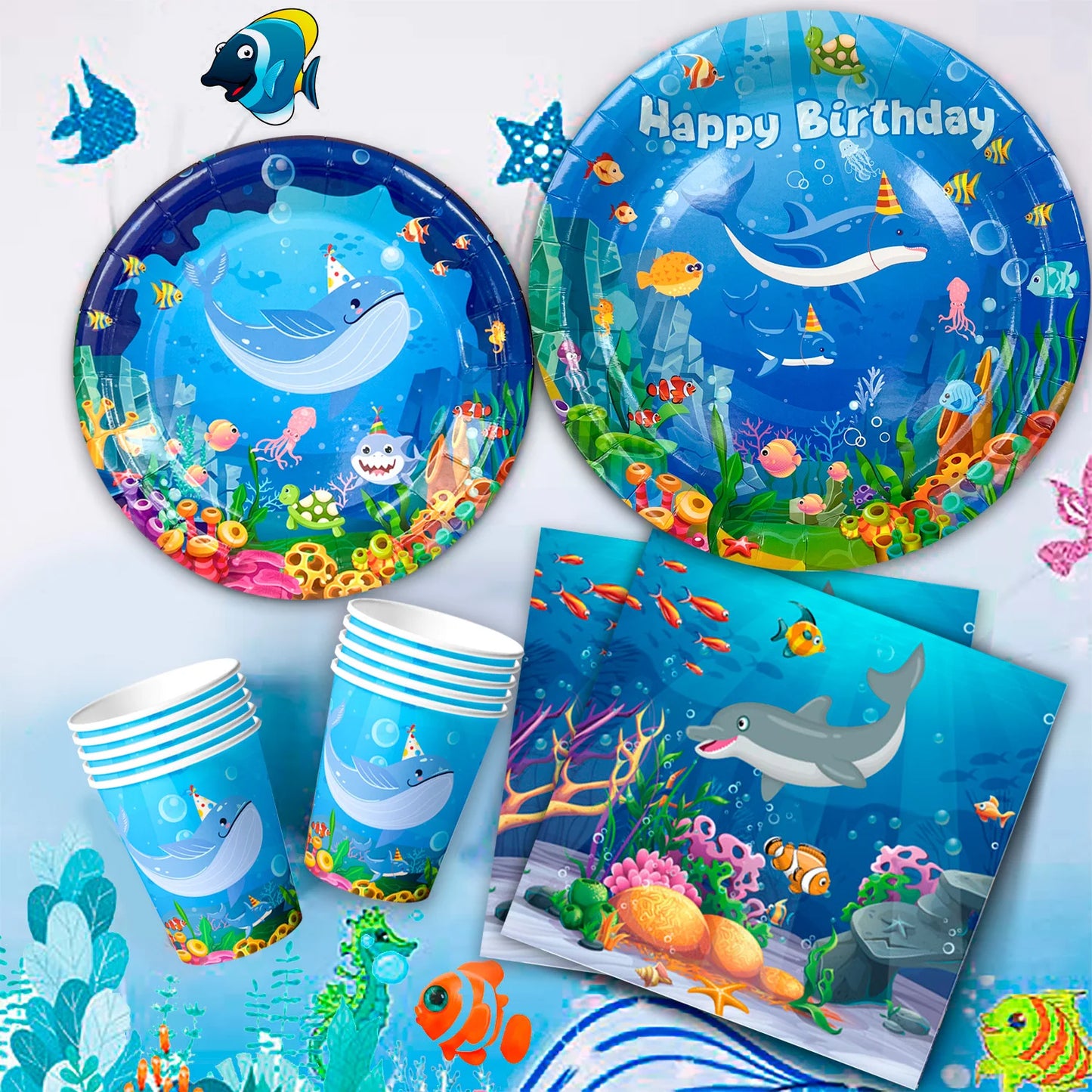 Under The Sea Party Supplies-98pcs Ocean Sea Party Tablewear Set-Marine Life Party Plates Cups Napkins Tablecloth Banner etc