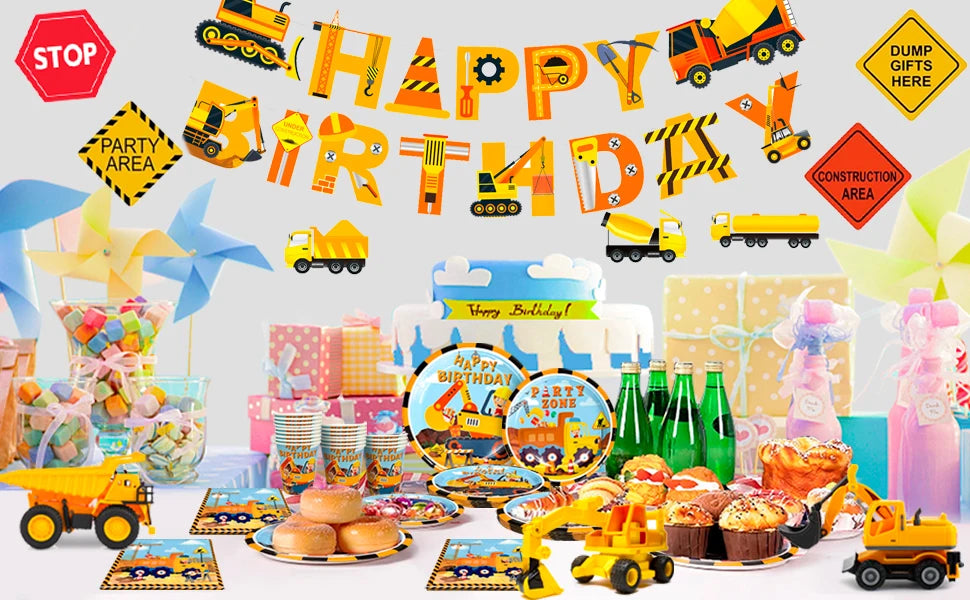 66pcs Construction Party Supplies Tableware Set-Construction Birthday Party Plates Cups Napkins Tablecloth Banner etc