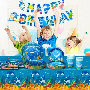 Under The Sea Party Supplies-98pcs Ocean Sea Party Tablewear Set-Marine Life Party Plates Cups Napkins Tablecloth Banner etc