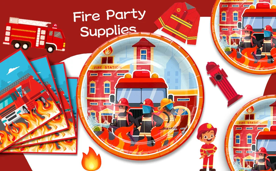Fire Truck Birthday Party Supplies,70pcs Decorations&Tableware Set-Fire Truck Party Plates Cups Napkins&Themed Balloon Back etc
