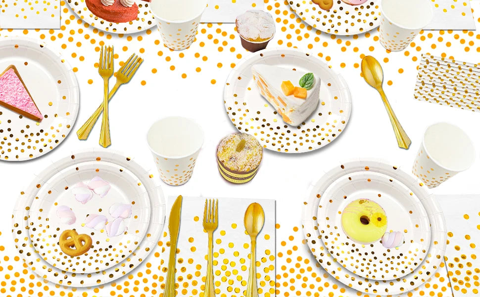 White and Gold Party Supplies, 129 Pcs Gold Paper Plates and Napkins Party Supplies Set - White and Gold Party Paper Plates