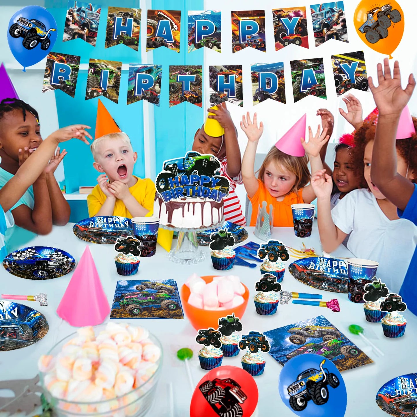 Monster Truck Birthday Party Supplies,72pcs Birthday Decorations&Tableware Kit-Monster Truck Plates and Napkins Banner Backdrop